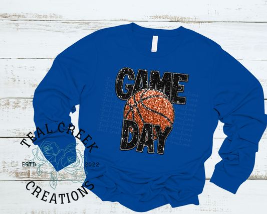Royal Blue Faux Sequin Basketball Game Day Long Sleeved Tee