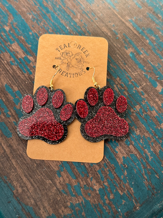 Red and Black Glitter Paw Print Earrings